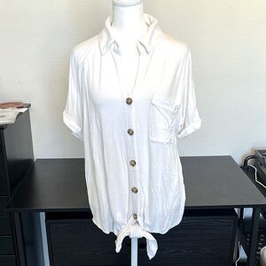Kim & Cami Lightweight White Button Front-Bottom Tie Short Sleeve Top ~ Size L